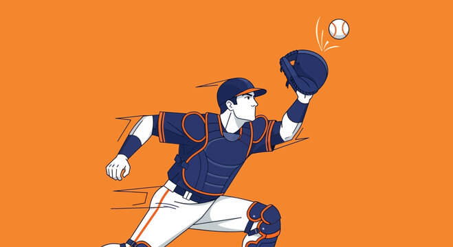 Dynamic Baseball Catcher Making A Crucial Mid-Air Catch Illustration