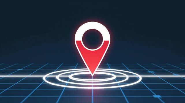 Futuristic 3D animated location marker with pulsing effects on a digital grid background for modern design
