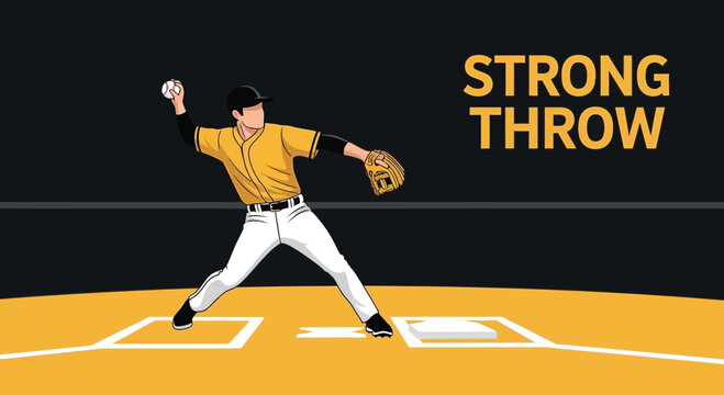 Dynamic Baseball Pitcher In Action With Strong Throw Text