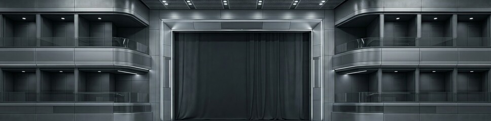 Fototapeta premium A modern opera hall interior with a closed curtain, featuring sleek metallic architecture and tiered balconies under ambient lighting.
