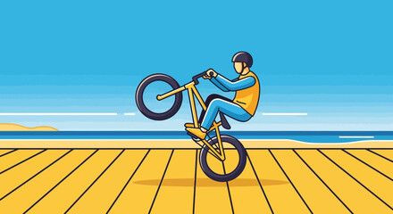 Fototapeta premium Dynamic Bicycle Rider Performing a Wheelie by the Beach