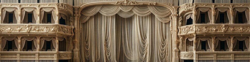 Obraz premium An elegant opera hall interior featuring ornate balconies and a grand curtain, showcasing classical architectural details and luxurious design.