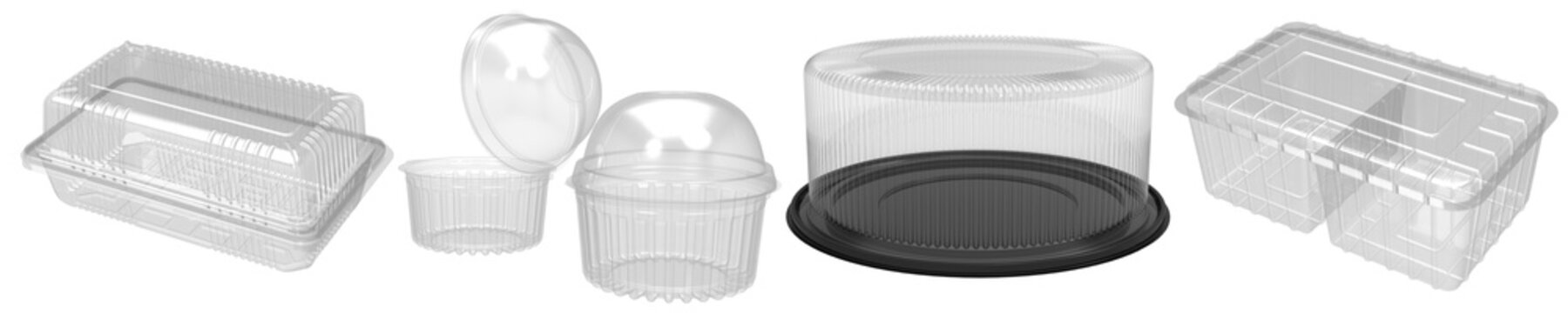 Assortment of clear transparent plastic food containers and disposable deli boxes with lids, ideal for packaging.
