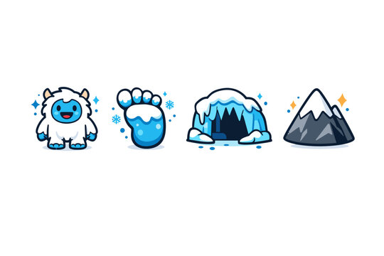 Cute winter mascot icon set featuring a smiling yeti, blue paw print, snowy cave entrance, and icy mountain peak in clean cartoon style