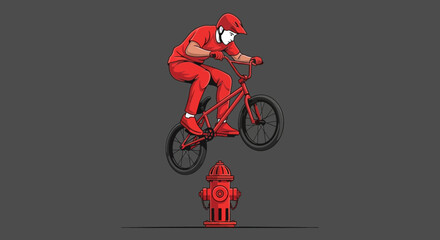 Naklejka premium Dynamic BMX Rider Executes Bold Jump Over Fire Hydrant Illustration