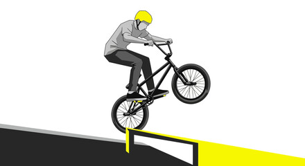 Naklejka premium Dynamic BMX Rider Executes Impressive Wheelie On Ramp