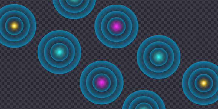 Sound wave. Signal concentric circle. Round light effect. Wifi range. Radio station signal. Water ripple with circle waves. A place or a painful point. Radar screen. Vector effect.