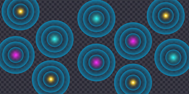 Sound wave. Signal concentric circle. Round light effect. Wifi range. Radio station signal. Water ripple with circle waves. A place or a painful point. Radar screen. Vector effect.