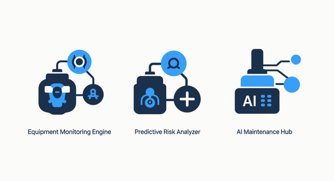Surveillance icon, predictive analysis icon with plus sign, and AI algorithm icon