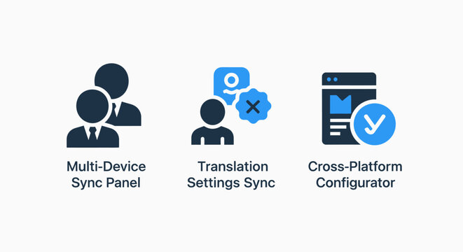 Business icons: multi-device sync panel, translation settings sync, and cross-platform configurator, graphic resources