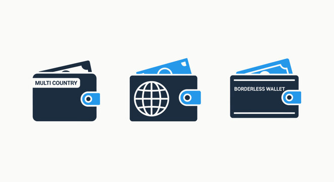 Digital wallets icons: credit card holder, globe passport wallet, and bill holder, graphic resources