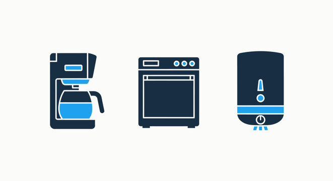 Set of household appliance icons including a coffee maker, an oven or dishwasher, and a water heater, rendered in a modern blue and black minimalist style on a white background, representing smart hom