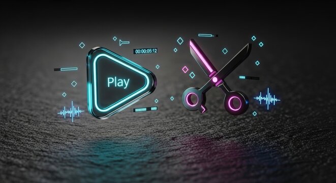 Macro Smoked Sapphire Play Button and Ruthenium Scissors on Black Obsidian &ndash; Conceptual Video Editing, Post-Production, and Creative Workflow Still Life