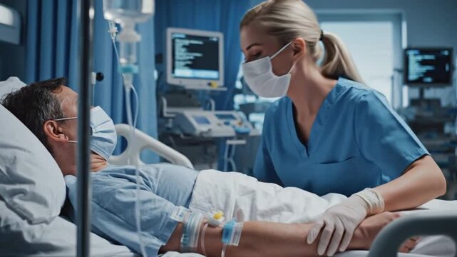 Female nurse checking elderly patient in hospital room with medical equipment