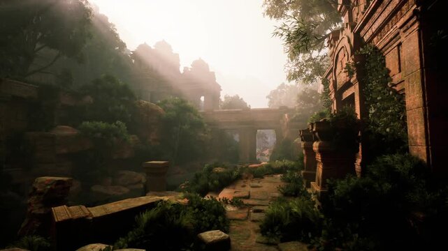 Sunlight filters through dense foliage, illuminating ancient stone ruins overgrown with vegetation. The scene depicts a tranquil path leading through the lost remnants of a historic site.