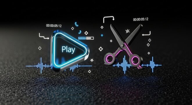 Macro Smoked Sapphire Play Button and Ruthenium Scissors on Black Obsidian &ndash; Conceptual Video Editing, Post-Production, and Creative Workflow Still Life