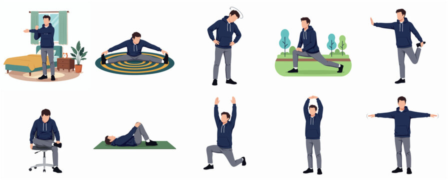 Flat Design Illustration Man Doing Stretching Exercise in Different Poses