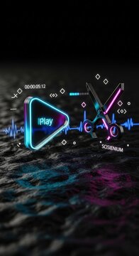 Macro Smoked Sapphire Play Button and Ruthenium Scissors on Black Obsidian &ndash; Conceptual Video Editing, Post-Production, and Creative Workflow Still Life