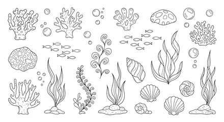 Fototapeta premium Collection of various marine life and underwater elements, including corals, seaweed, shells, and fish, presented in a charming illustration style for decorative purposes