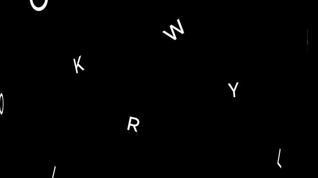 Letters scattered across a black background form a minimalist arrangement of floating characters.