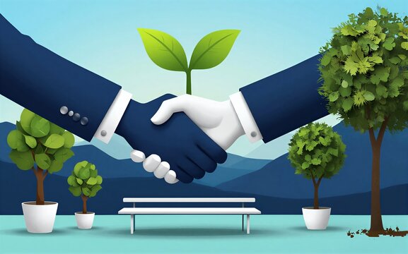 Two hands shake growing green plants symbolizing sustainable business