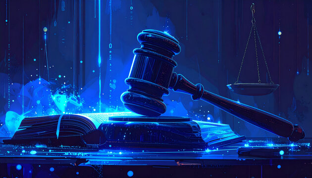 Illustration of the hammer of law and the concept of justice book