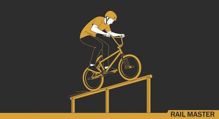 Naklejka premium Dynamic Bmx Rider Performing Grinding Trick On Urban Rail