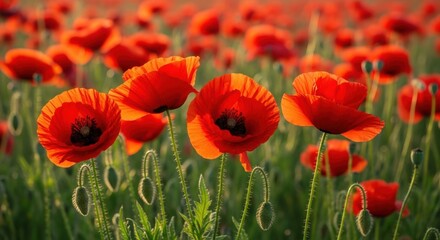 Obraz premium Beautiful red poppies blooming in the field