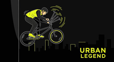 Naklejka premium Dynamic Bmx Rider Performing Stunts Over Abstract City Skyline
