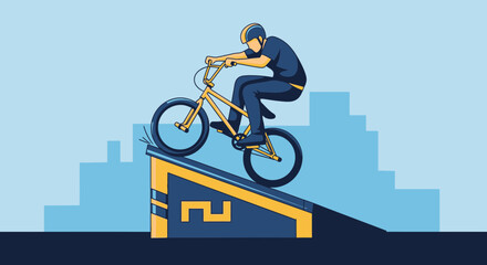 Naklejka premium Dynamic BMX Rider Performing Stunts On A Ramp With Cityscape Background