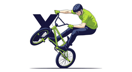Naklejka premium Dynamic BMX Rider Performing Stunt On Two Wheels With Bold Letter X Background