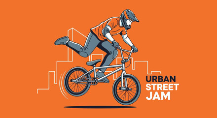 Naklejka premium Dynamic BMX Rider Performing Tricks In A Stylized Urban Setting Illustration