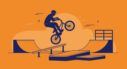Naklejka premium Dynamic BMX Rider Performing Tricks In Vibrant Skatepark