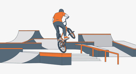 Naklejka premium Dynamic Bmx Rider Performing Tricks In Modern Skatepark Facility
