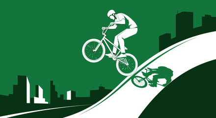 Naklejka premium Dynamic BMX Rider Performs Thrilling Stunt Against Urban Skyline