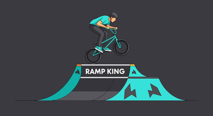 Naklejka premium Dynamic Bmx Rider Soaring Over A Custom Ramp In An Action Packed Extreme Sports Illustration