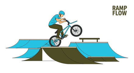 Naklejka premium Dynamic BMX Rider Soars Over Blue Ramps Performing Exciting Bicycle Stunts