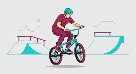 Naklejka premium Dynamic BMX Rider Soars Over Thrilling Skatepark Ramps