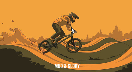 Naklejka premium Dynamic BMX Rider Thrillingly Navigates Motocross Dirt Track