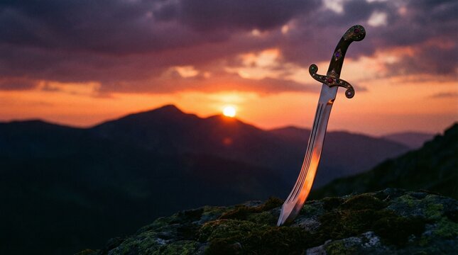 Striking Illustration of a Maratha Talwar Sword Standing Against a Mountain Silhouette, Symbolizing Valor, Heritage, and Courage, Commemorating Maharashtra Day with Patriotic