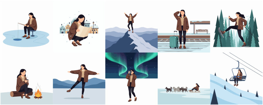 Flat Style Winter Activity Illustration Collection of a Woman and Destinations