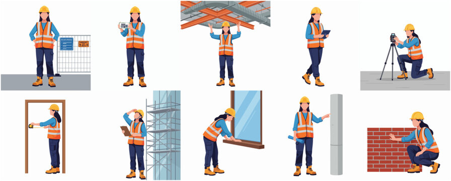 Flat Design Female Construction Worker Character Various Poses Occupation Set