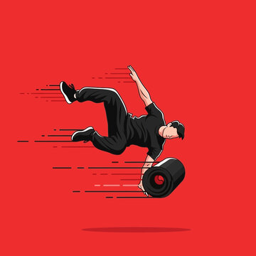 Dynamic Breakdancer Captures Motion With Tire Power On Red Background