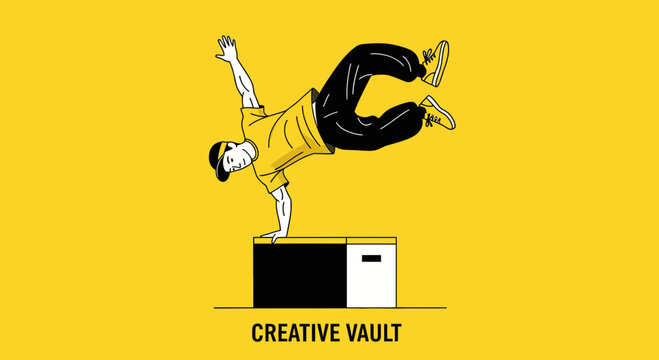 Dynamic Breakdancer Performs Athletic Pose On Cubes Minimalist Design Bright Yellow Background