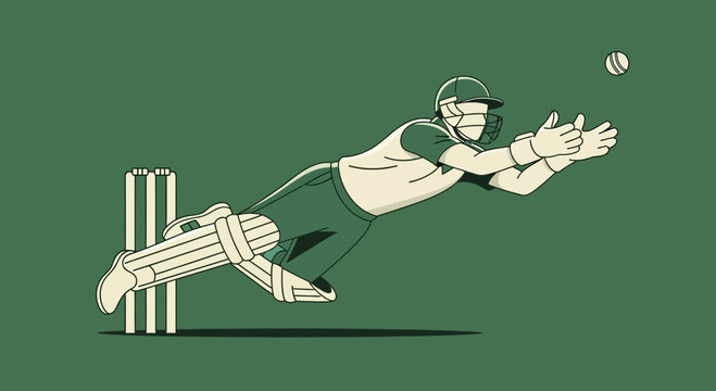 Dynamic Cricket Wicketkeeper Diving For Catch With Wicket Background Sport Action