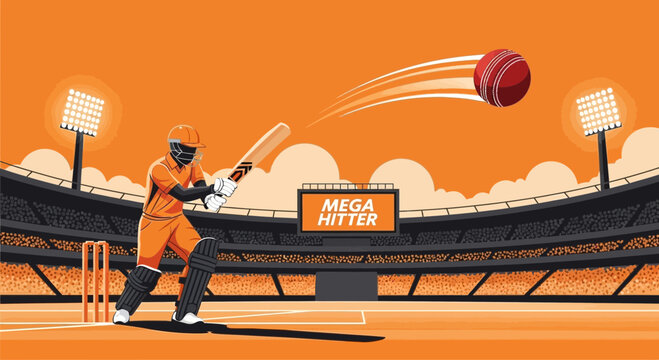 Dynamic Cricket Match Illustration Batting Action Stadium Lights And Crowd
