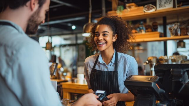 A smiling african american barista in a black apron takes payment from a customer using a card reader at a local coffee shop counter.