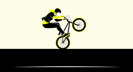 Naklejka premium Dynamic Cyclist Performs Extreme Bicycle Stunt On Wheelie With Neon Yellow Accents