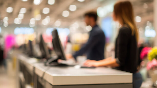 Defocused view of a retail checkout area with cashiers assisting customers at their registers in a brightly illuminated store setting.
