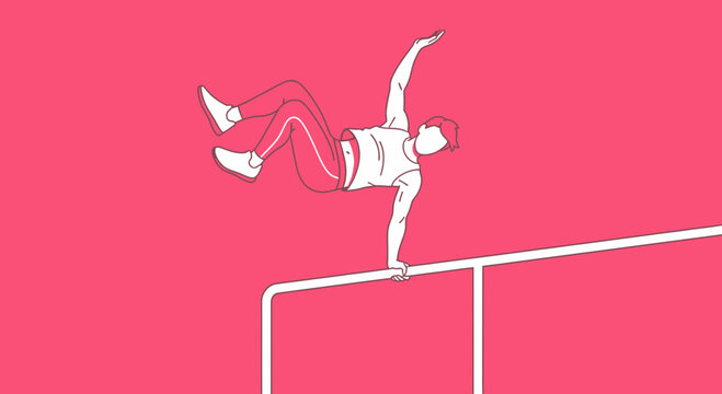 Dynamic Figure Performing Aerial Gymnastics on Parallel Bars